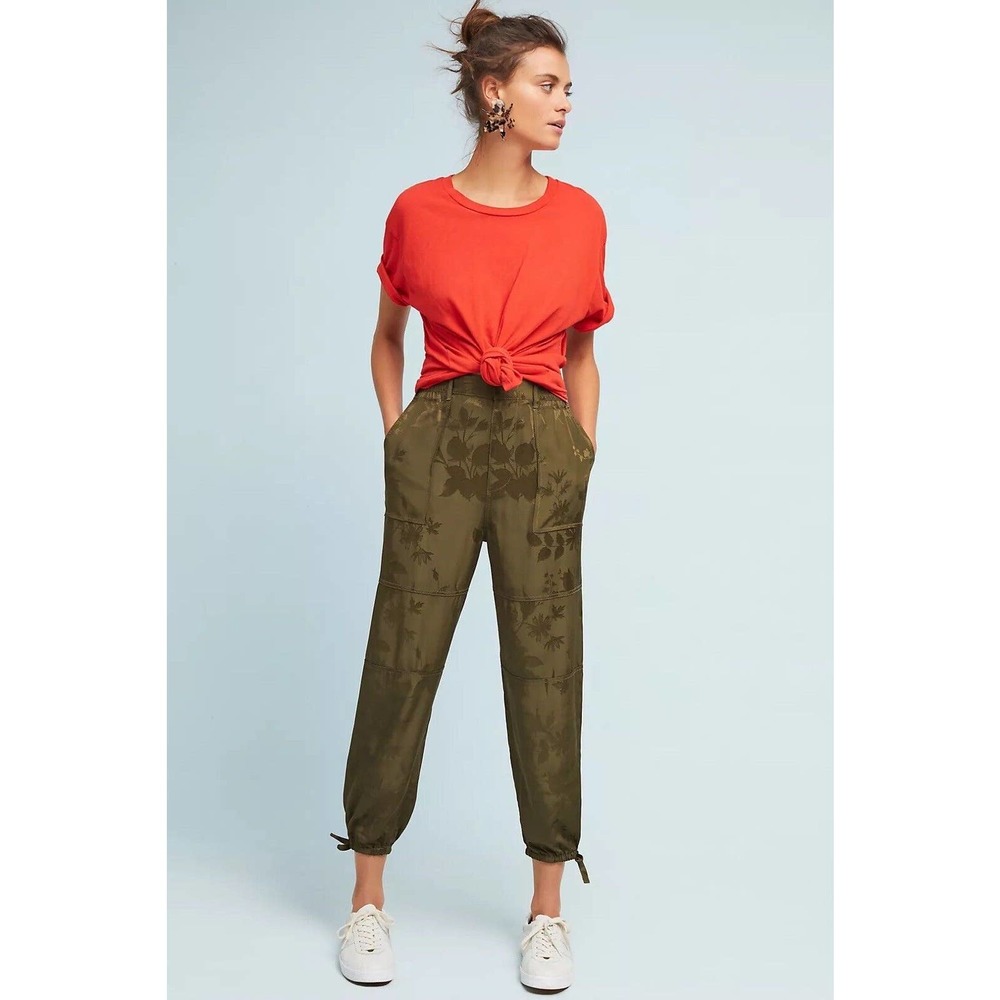 Anthropologie Silky Embossed Utility Jogger Olive Bottom Tie Pants Size M